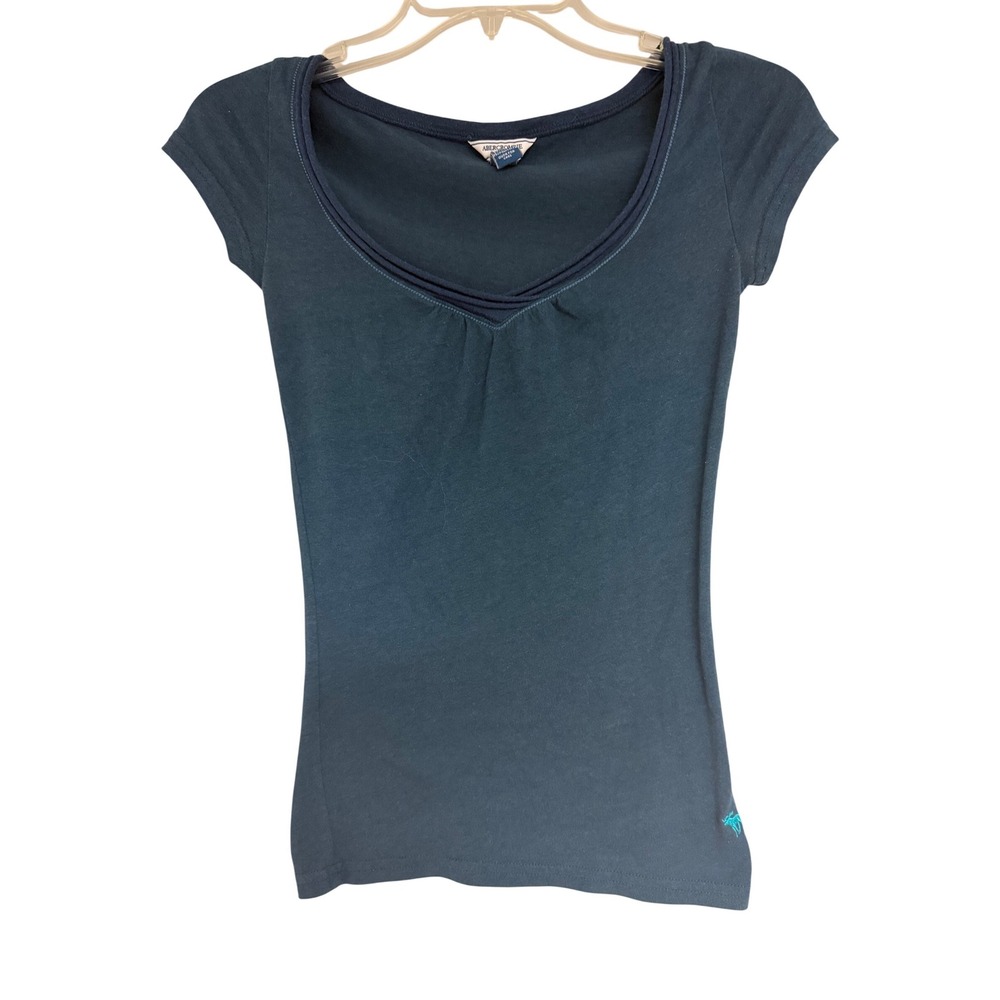 Abercrombie & Fitch Womens XS Teal Blue Scoop Neck Short Sleeve Top Moose Logo